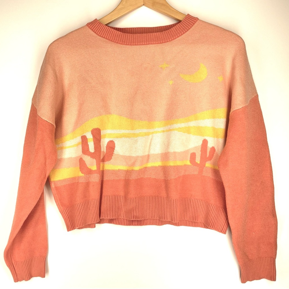 Debut Desert Cactus Sunset Sweater | Size M pink yellow landscape pullover knit